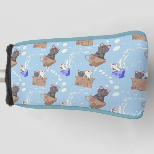 Katten in doos en melkdruppels op blauw golfheadcover (Voorkant)