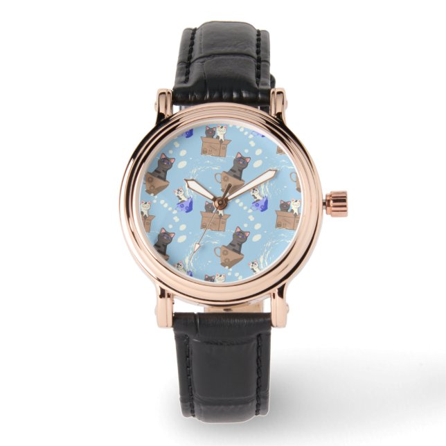 Katten in doos en melkdruppels op blauw horloge (Voorkant)