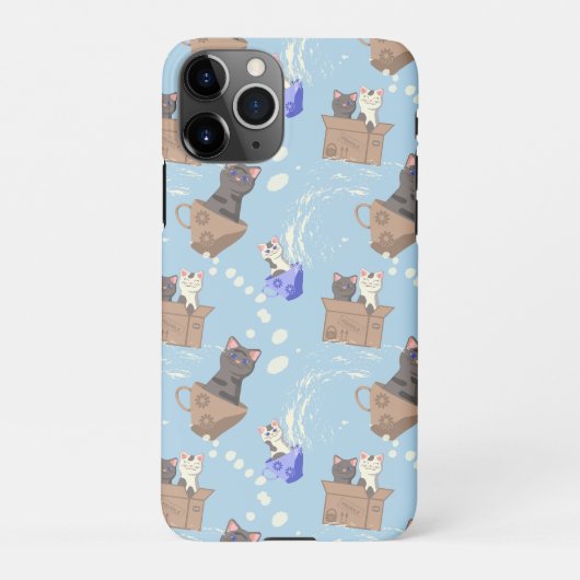 Katten in doos en melkdruppels op blauw iPhone hoesje (Achterkant)