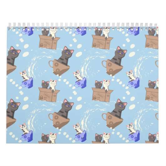 Katten in doos en melkdruppels op blauw kalender (Hoes)