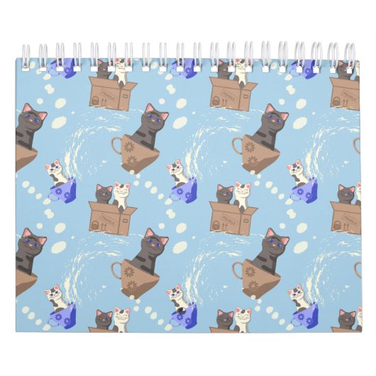 Katten in doos en melkdruppels op blauw kalender (Hoes)
