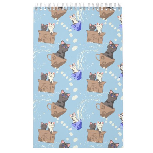Katten in doos en melkdruppels op blauw kalender (Hoes)