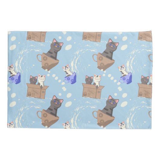 Katten in doos en melkdruppels op blauw kussensloop (Achterkant)