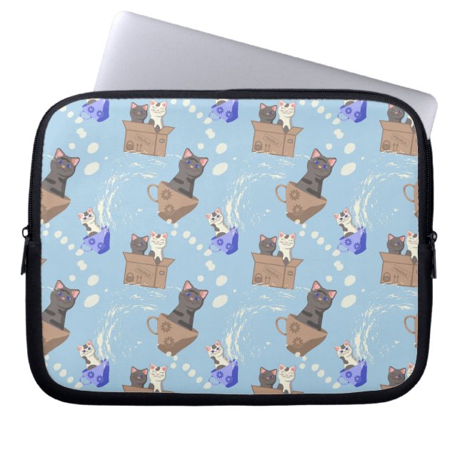 Katten in doos en melkdruppels op blauw laptop sleeve (Voorkant)