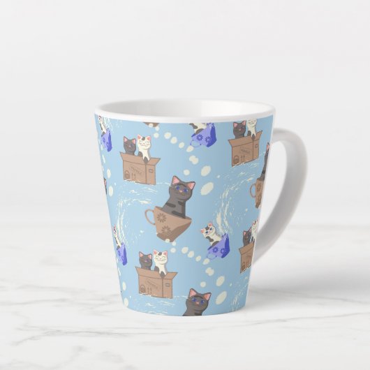Katten in doos en melkdruppels op blauw latte mok (Rechterhoek)