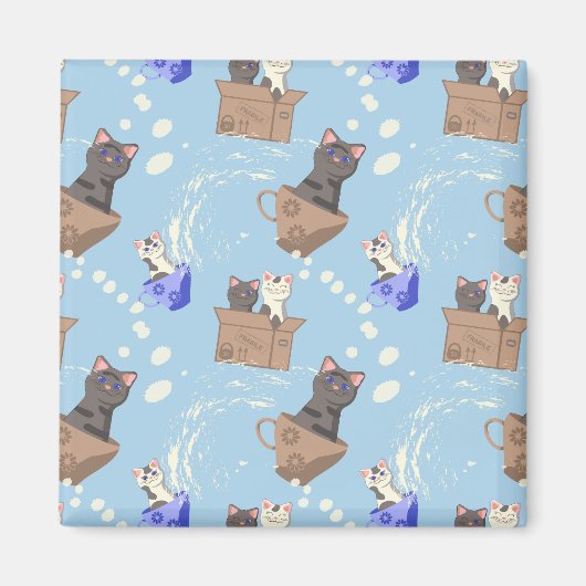 Katten in doos en melkdruppels op blauw magneet (Voorkant)