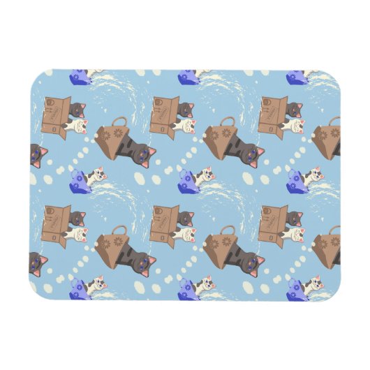 Katten in doos en melkdruppels op blauw magneet (Horizontaal)