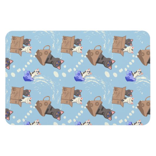 Katten in doos en melkdruppels op blauw magneet (Horizontaal)