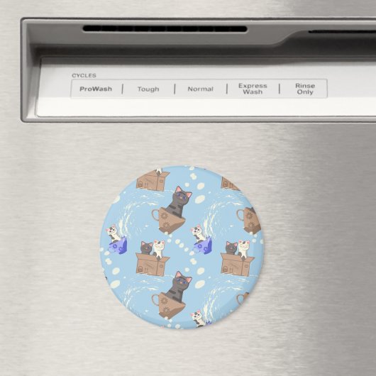 Katten in doos en melkdruppels op blauw magneet (Insitu (Vaatwasser))