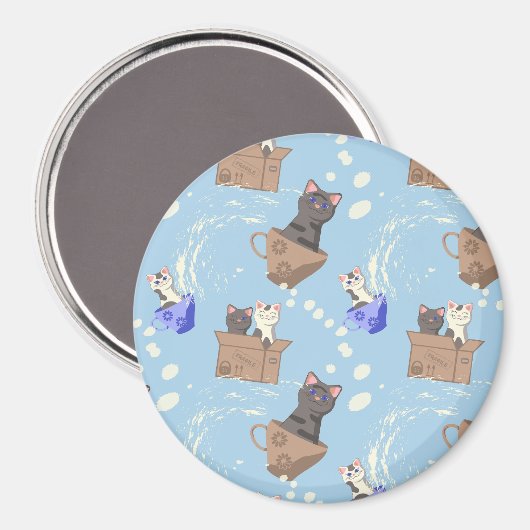 Katten in doos en melkdruppels op blauw magneet (Voorkant / Achterkant)