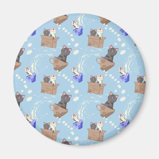 Katten in doos en melkdruppels op blauw magneet (Voorkant)