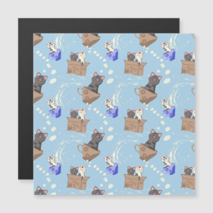 Katten in doos en melkdruppels op blauw magnetische uitnodiging