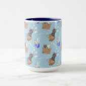 Katten in doos en melkdruppels op blauw mok (Midden)