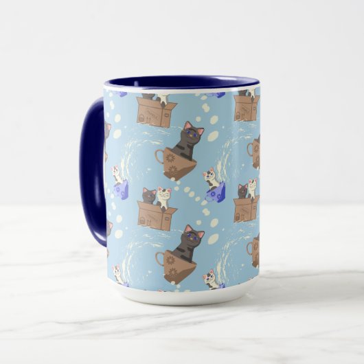 Katten in doos en melkdruppels op blauw mok (Voorkant links)