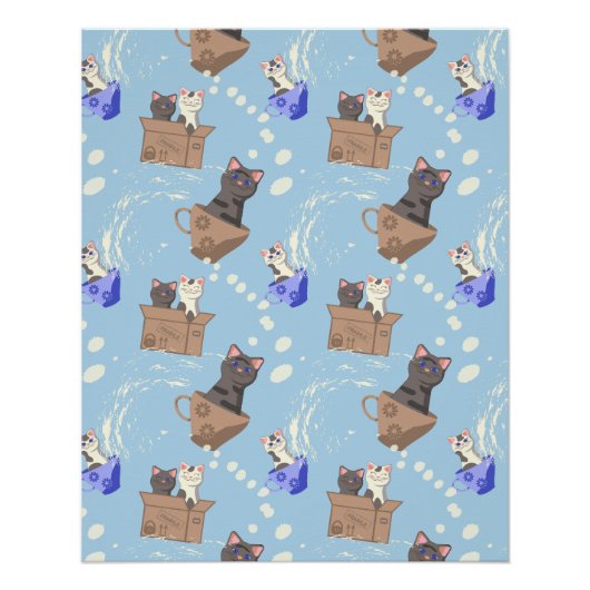 Katten in doos en melkdruppels op blauw perfect poster (Voorkant)