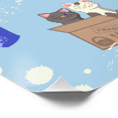 Katten in doos en melkdruppels op blauw perfect poster (Hoek)