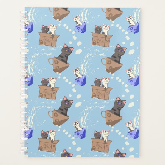 Katten in doos en melkdruppels op blauw planner (Voorkant)
