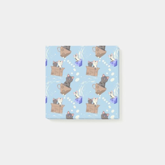 Katten in doos en melkdruppels op blauw post-it® notes (Voorkant)