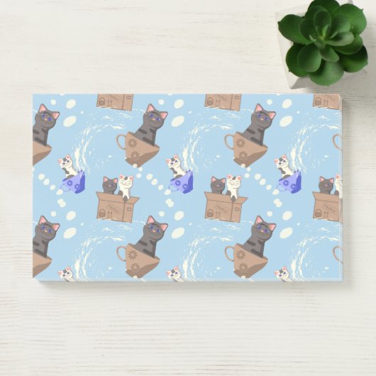 Katten in doos en melkdruppels op blauw post-it® notes (Kantoor)
