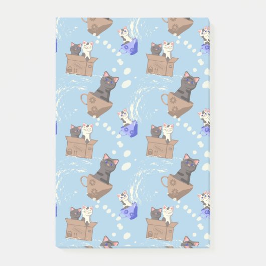 Katten in doos en melkdruppels op blauw post-it® notes (Voorkant)