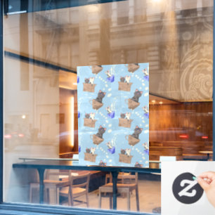 Katten in doos en melkdruppels op blauw raamsticker