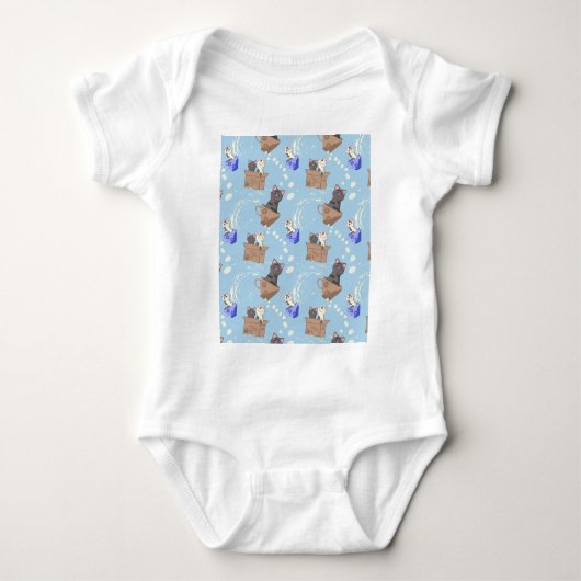 Katten in doos en melkdruppels op blauw romper (Voorkant)