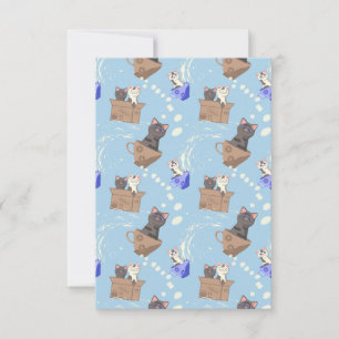 Katten in doos en melkdruppels op blauw RSVP kaartje