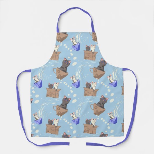 Katten in doos en melkdruppels op blauw schort (Voorkant)