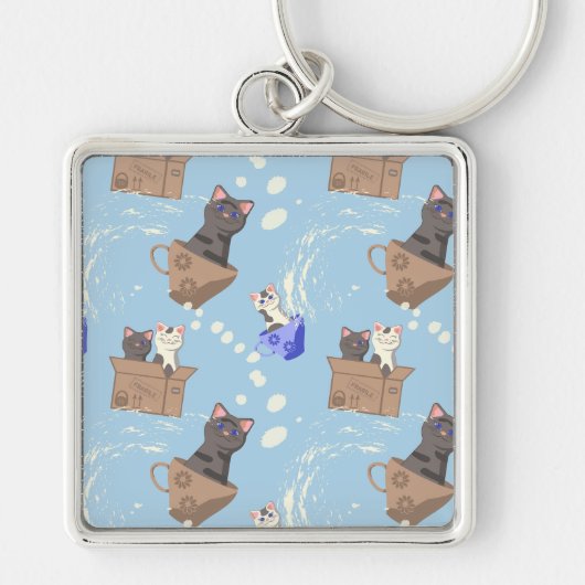 Katten in doos en melkdruppels op blauw sleutelhanger (Voorkant)