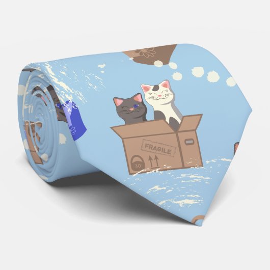 Katten in doos en melkdruppels op blauw stropdas (Opgerold)