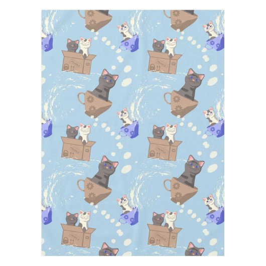 Katten in doos en melkdruppels op blauw tafelkleed (Voorkant)