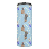 Katten in doos en melkdruppels op blauw thermosbeker (Achterkant)