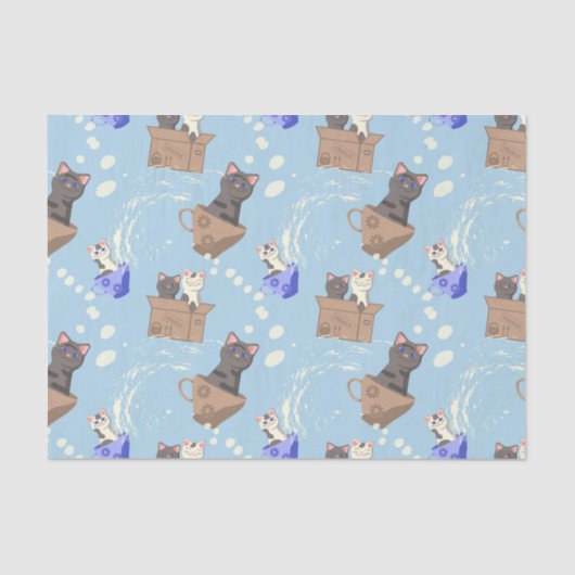 Katten in doos en melkdruppels op blauw tissuepapier (Voorkant)