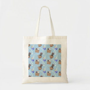 Katten in doos en melkdruppels op blauw tote bag