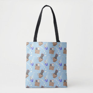 Katten in doos en melkdruppels op blauw tote bag