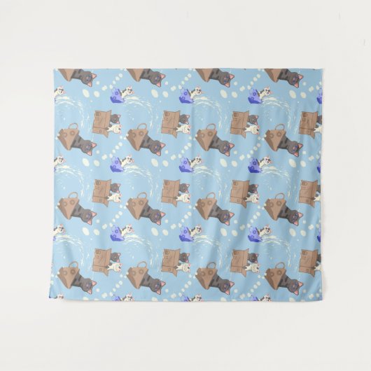 Katten in doos en melkdruppels op blauw wandkleed (Voorkant (horizontaal))