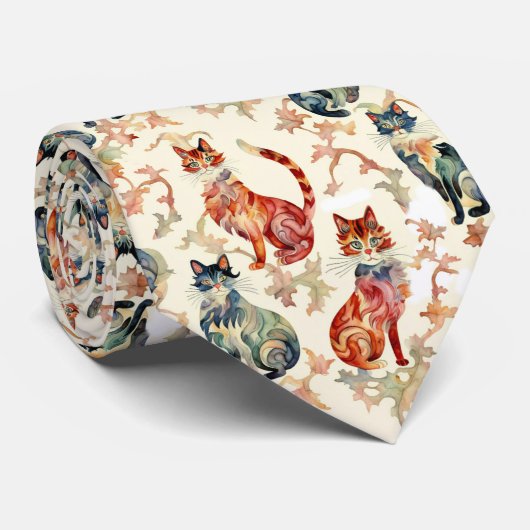 Katten in een Chinees Waterverf patroon Stropdas (Opgerold)