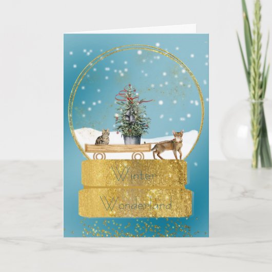 Katten in een Gold Snow Wereldbol-kerstkaart Kaart (Voorkant)