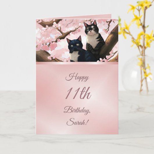 Katten in een kersenbloesemboom Meisjes Verjaardag Kaart (Gele Bloem)