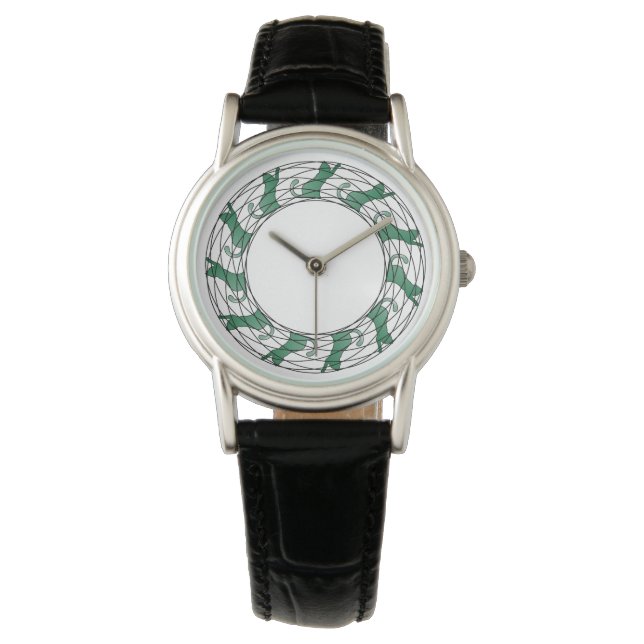 Katten in een Ronde Horloge - Groen/Wit (Voorkant)