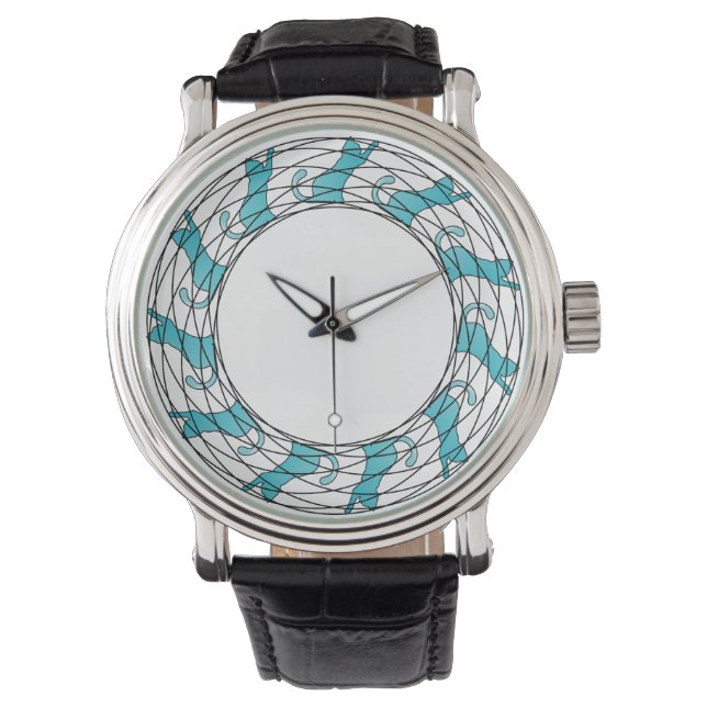 Katten in een Ronde Horloge - Turquoise/Wit (Voorkant)