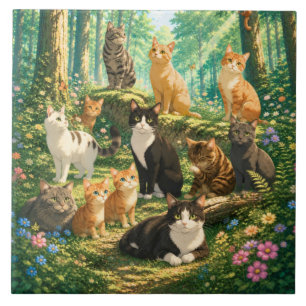 Katten in een zonovergoten bosrijke tuin tegeltje