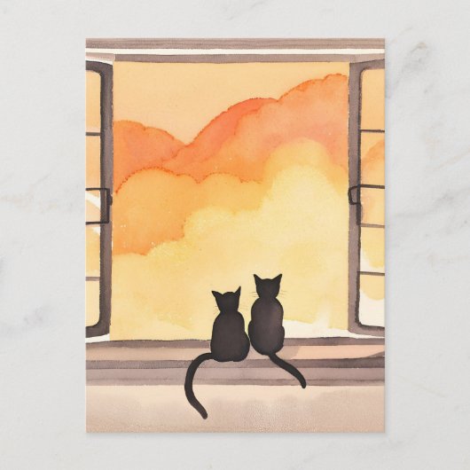 Katten in het raam | Sunset Waterverf Silhouette Briefkaart (Voorkant)