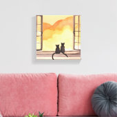 Katten in het raam | Sunset Waterverf Silhouette Canvas Afdruk (Insitu (Woonkamer))