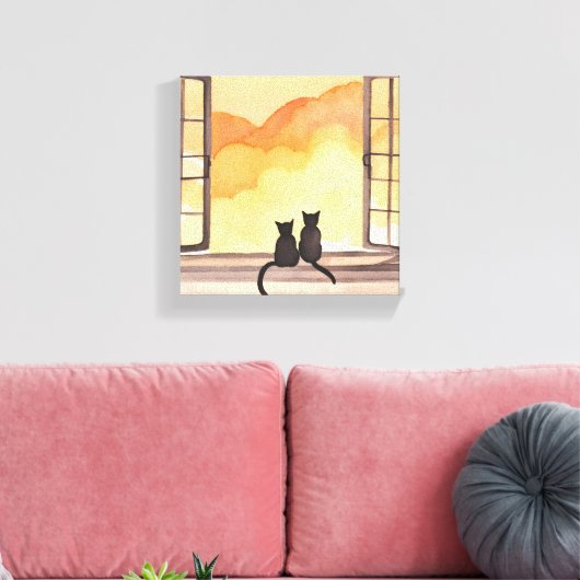 Katten in het raam | Sunset Waterverf Silhouette Canvas Afdruk (Insitu (Woonkamer))