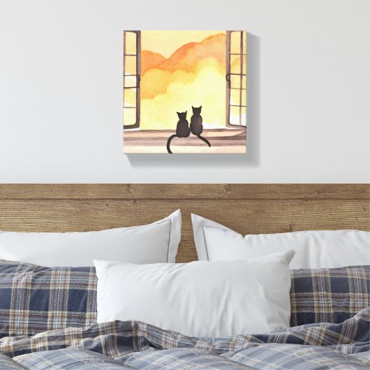 Katten in het raam | Sunset Waterverf Silhouette Canvas Afdruk (Insitu (Slaapkamer))