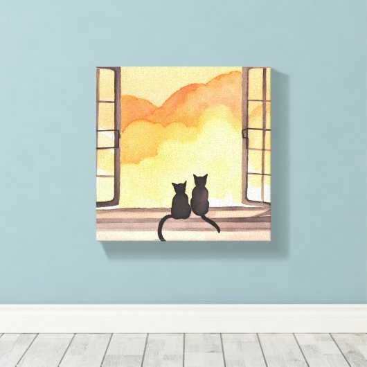 Katten in het raam | Sunset Waterverf Silhouette Canvas Afdruk (Insitu (Houten vloer))