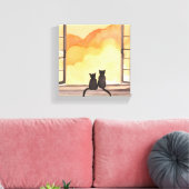 Katten in het raam | Sunset Waterverf Silhouette Canvas Afdruk (Insitu (Woonkamer))