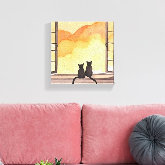 Katten in het raam | Sunset Waterverf Silhouette Canvas Afdruk (Insitu (Woonkamer))