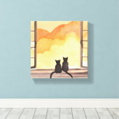 Katten in het raam | Sunset Waterverf Silhouette Canvas Afdruk (Insitu (Houten vloer))